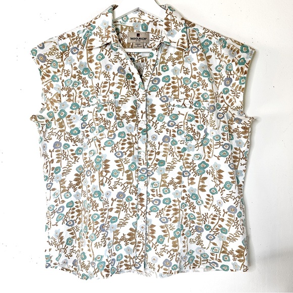 Woolrich 100% Cotton Floral Blouse M Turquoise + Tan - Picture 3 of 9